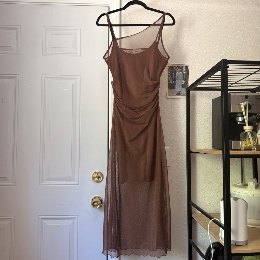 FIND ME NOW brown mesh knit asymmetrical sleeveless midi dress - Picture 1 of 5